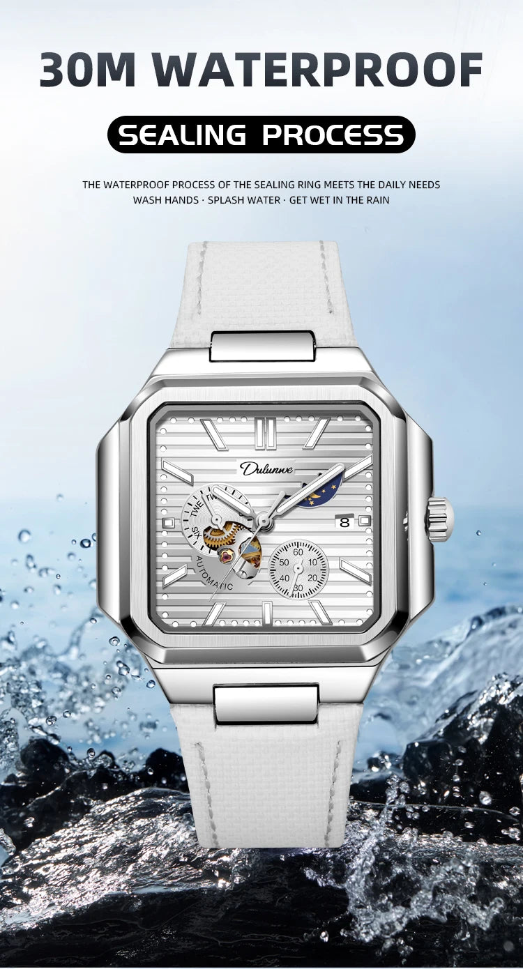 Dulunwe Fashion Men's Watch Automatic Mechanical Multi-function Small Dial Square Design 30M Waterproof Top Brand Wristwatches