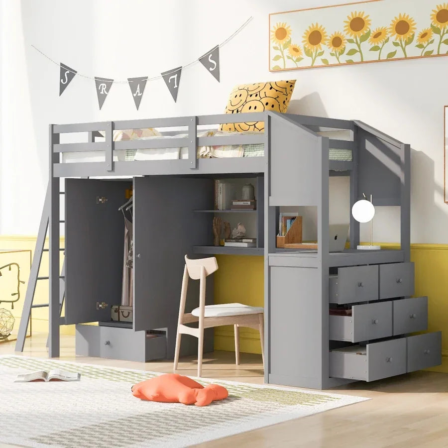 Cama tipo Loft para niños, mueble de tamaño doble con 1 armario y 7 cajones, escritorio adjunto con estantes, versátil,