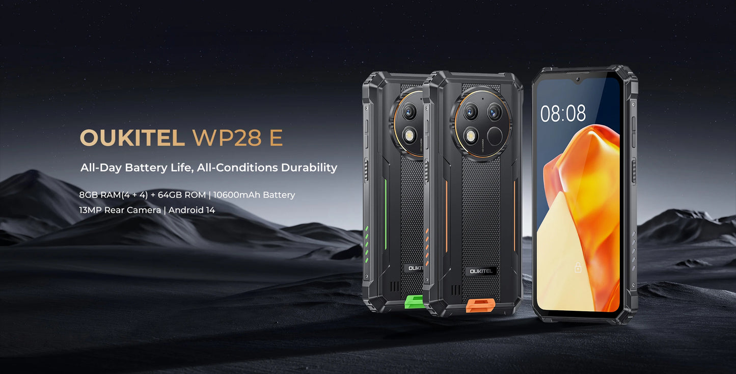 Oukitel WP28 E 4G Rugged Smartphone Android14 10600mAh Battery 4GB+64GB Mobile Phone 6.52 Inch HD+ 13MP Camera 18W Cellphone
