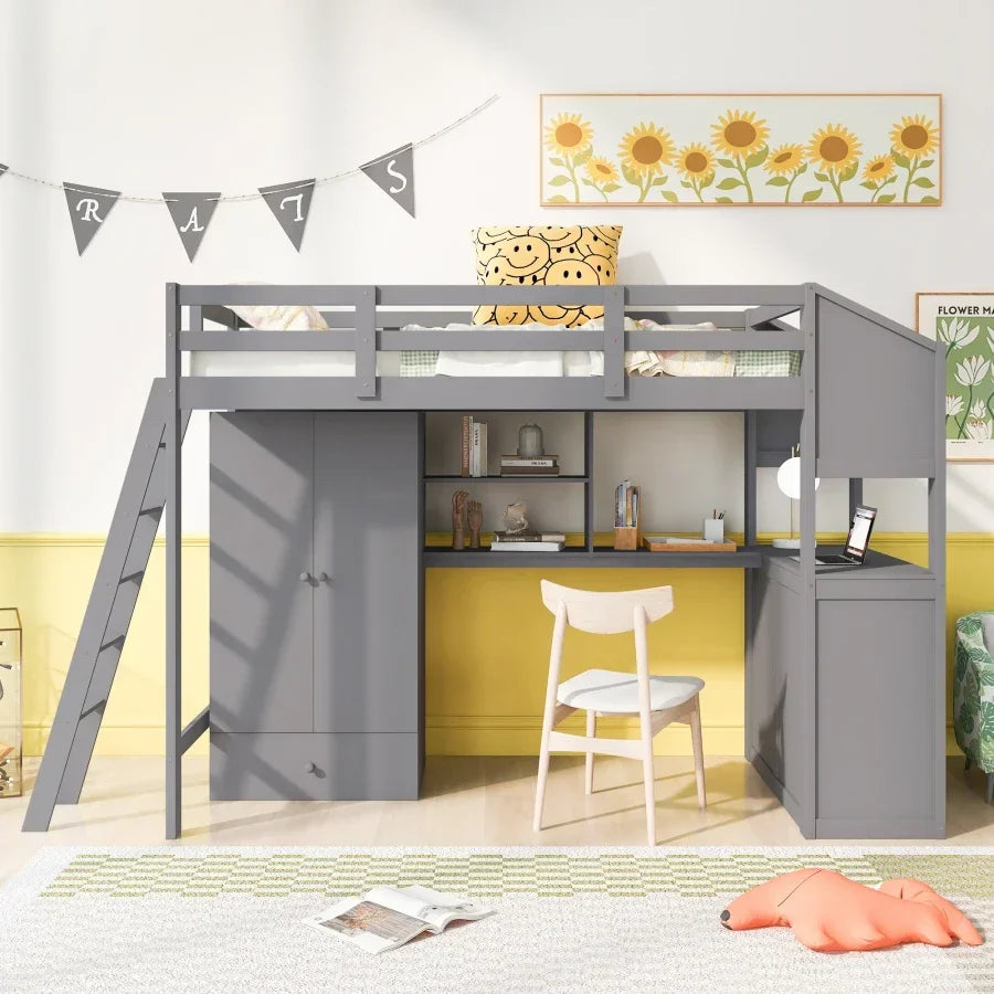 Cama tipo Loft para niños, mueble de tamaño doble con 1 armario y 7 cajones, escritorio adjunto con estantes, versátil,