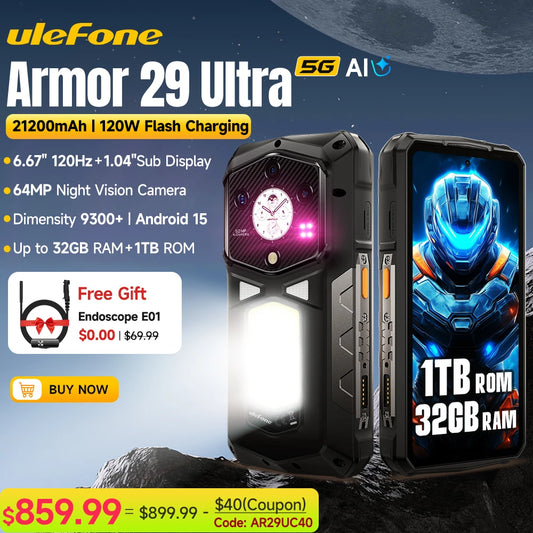 【2025 New】Ulefone Armor 29 Ultra 5G Rugged Phone Smartphone Android 15 32GB+1TB 21200mAh 120W Flash Charging Dual Screen NFC