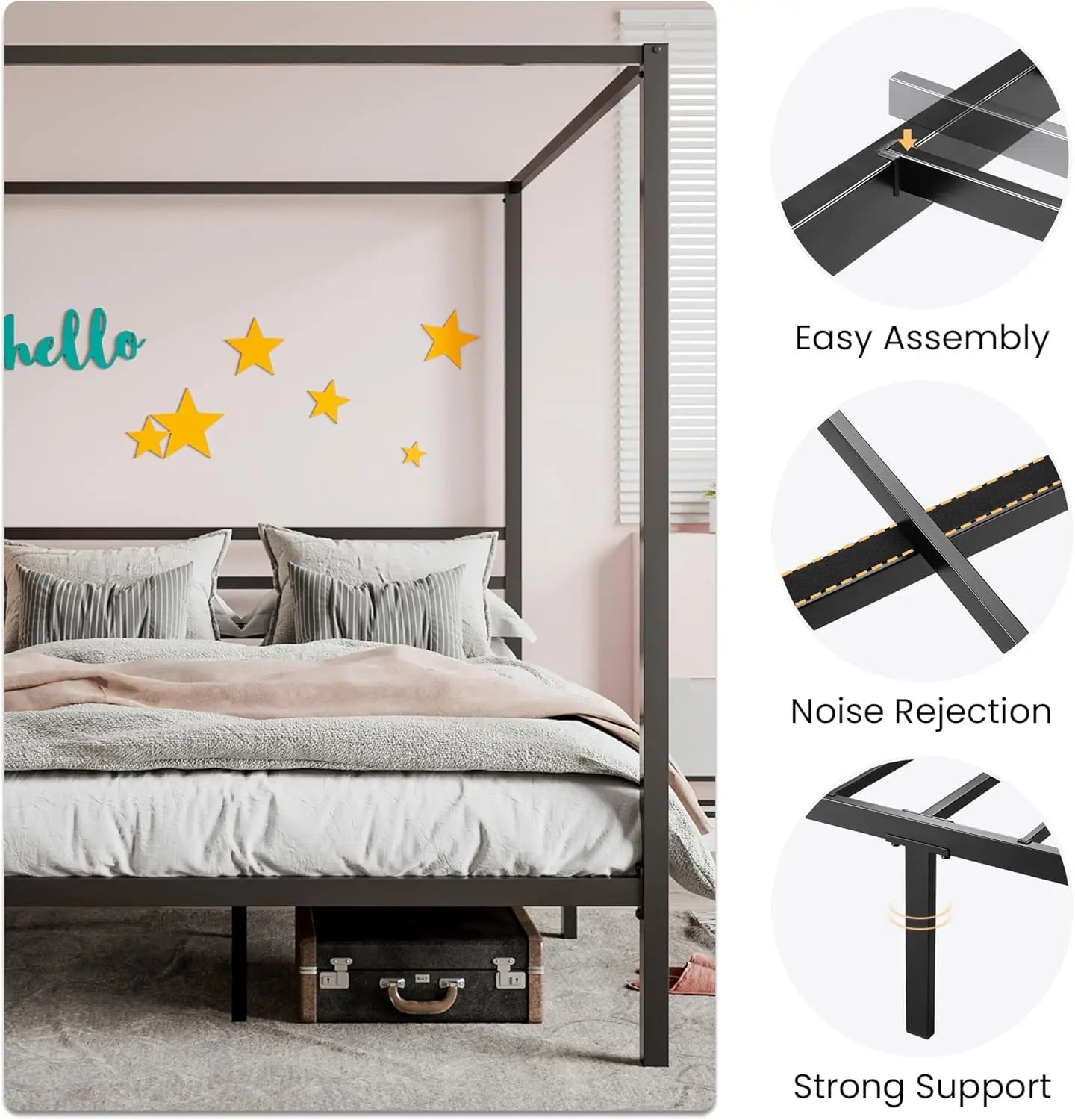 Canopy Bed Frame Full Size/Mattress Foundation with Metal Slats Support/No Box Spring Needed/Easy Assembly/Black