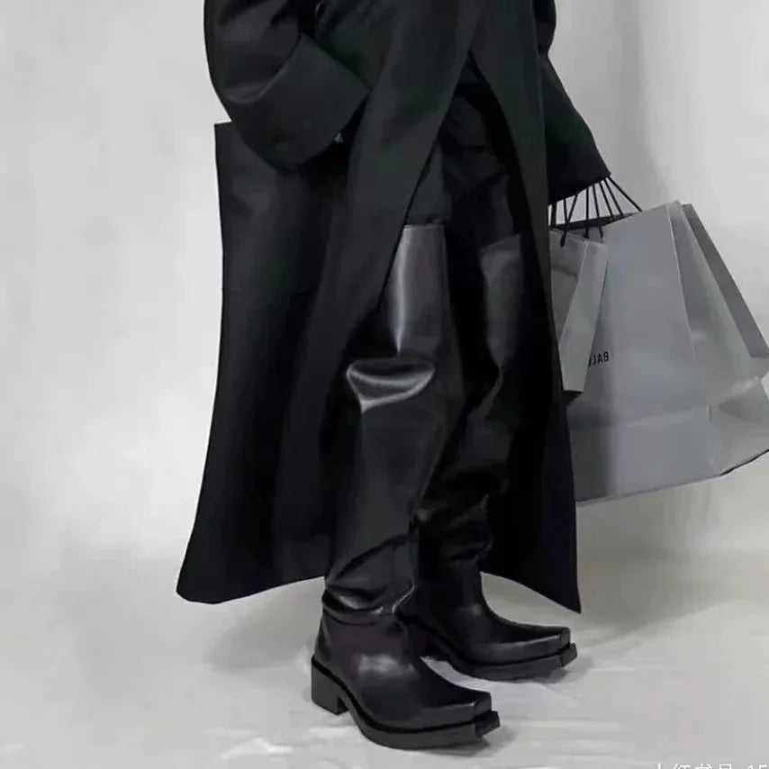 Black Riding Boots for Women Men Square Toe Chunky Platform Over The Knee High Boots Pleated Loose Tube Long Boots Slip On
