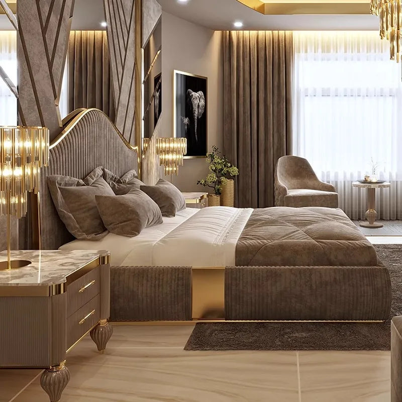 Unique Minimalist Double Bed Decoration Brown Pliable Wooden Double Bed Frame King Size Modern Cama Matrimonial Furniture Home