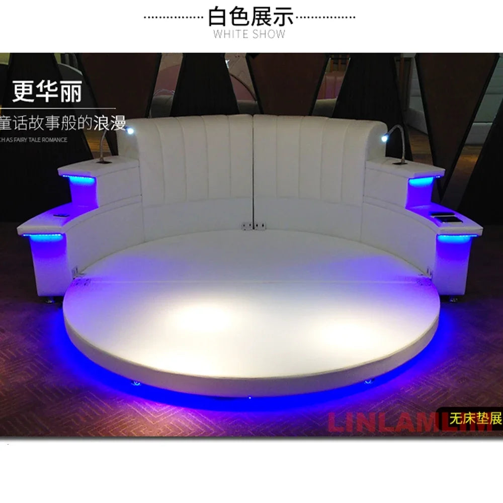 MINGDIBAO Nordic Genuine Leather multifunctional round Bed Frame with LED Light Bluetooth Speaker iPhone Charge USB Ultimate Bed