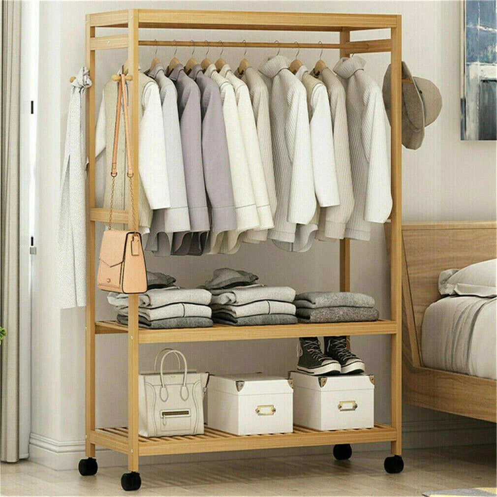 Bamboo Garment Rack with Wheels, Clothing Rack for Hanging Clothes with Hooks, Multi-functional Bedroom Clothes Rack