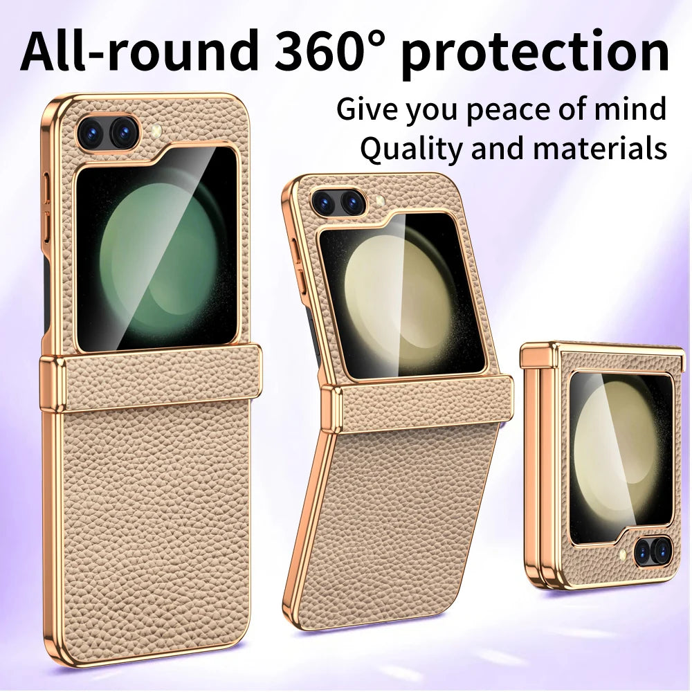 Cowhide Leather Phone Case for Samsung Galaxy Z Flip7 Flip6 Flip5 Flip 7 6 5 Luxury Hinge Protection Cover with Tempered Glass