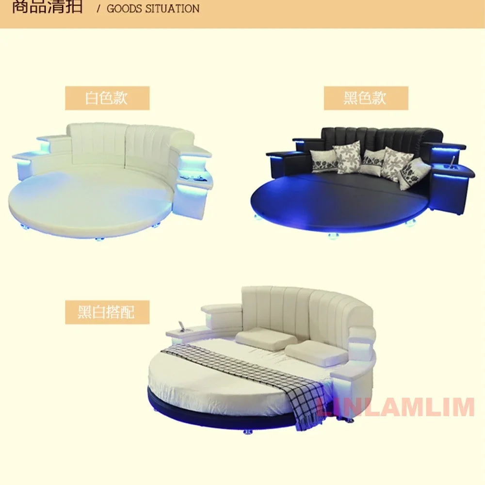 MINGDIBAO Nordic Genuine Leather multifunctional round Bed Frame with LED Light Bluetooth Speaker iPhone Charge USB Ultimate Bed