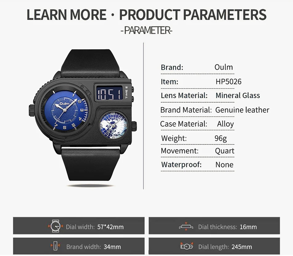 Oulm 5026 Watch Dual Display Two Time Zone Quartz Male Big Wristwatch Men's Genuine Leather Watches
