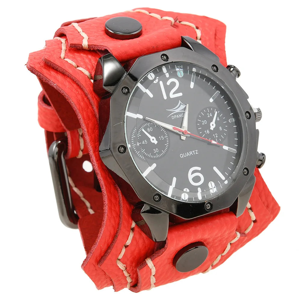 Punk Vintage Men's Multi Layer Hand Stitched Cowhide Leather Strap Large Dial Watch