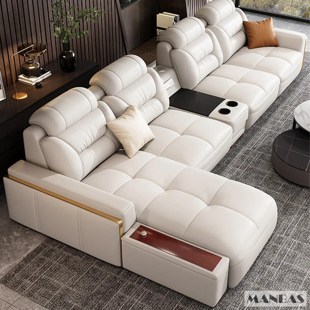 Linlamlim Modern Genuine Leather Sectional Sofa Set with Chaise Lounge– Upholstered Modular Couch with USB and Bluetooth Speaker