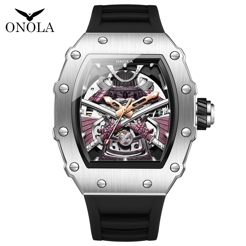 ONOLA 3865 Automatic Mechanical Tonneau Watch For Men Luxury Cool Watch Large Dial Silicone Men Watch reloj automático hombre