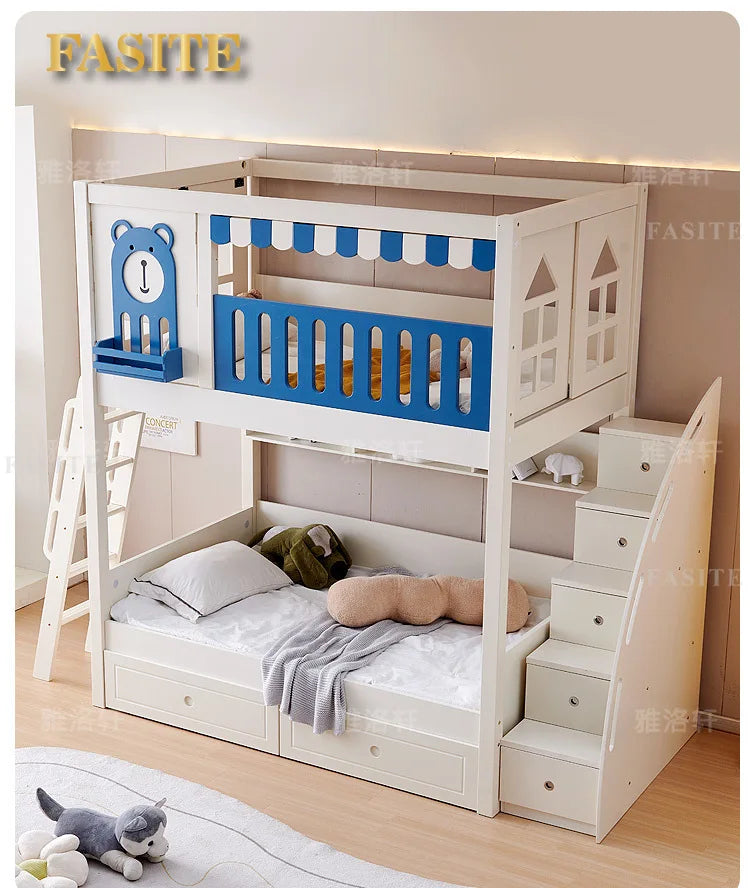 Children's bunk wooden bed Girl with wide and high guardrail with slide Small apartment Castle treehouse bed