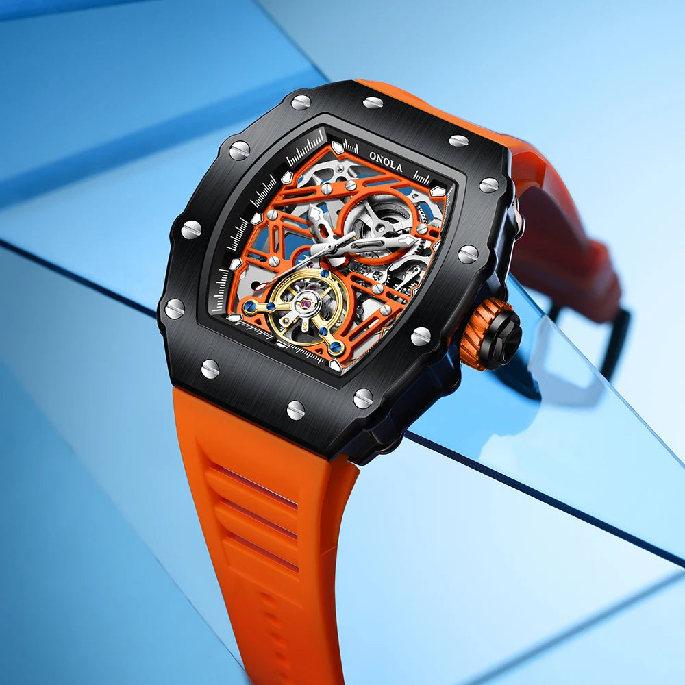 ONOLA 3854 Tonneau Original Automatic Watch for Men Silicone Super Wristwatch Sport Mechanical Clock montres hommes