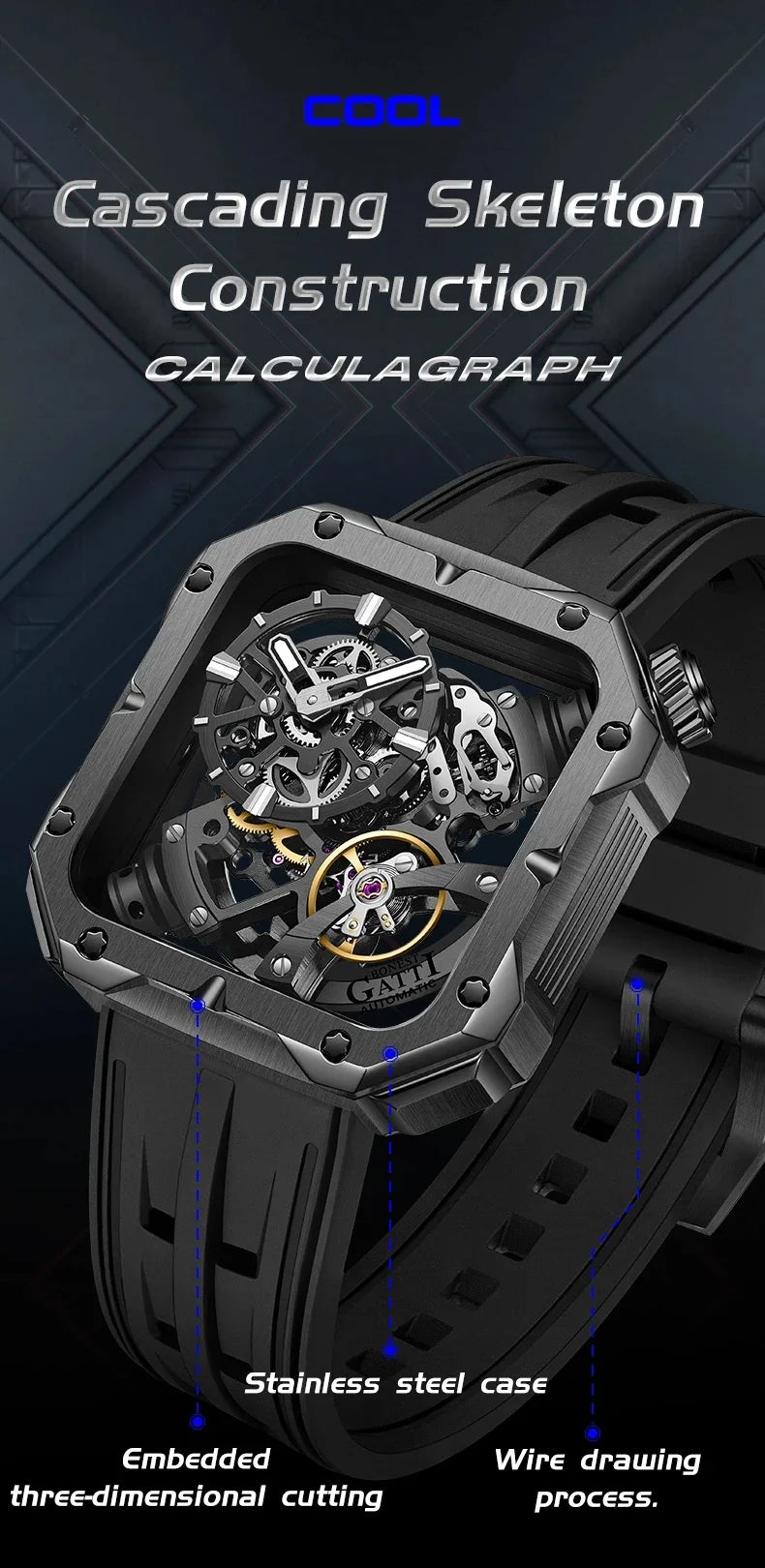 BONEST GATTI Men Automatic Watch 42mm Square Men Mechanical Wristwatch Sapphire Luminous Skeleton Dial Fluororubber Strap 2025