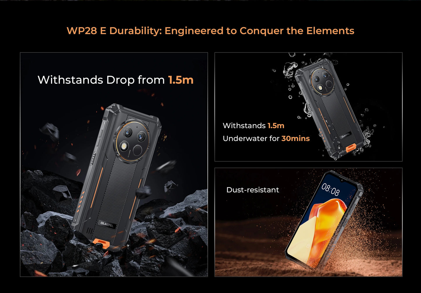 Oukitel WP28 E 4G Rugged Smartphone Android14 10600mAh Battery 4GB+64GB Mobile Phone 6.52 Inch HD+ 13MP Camera 18W Cellphone