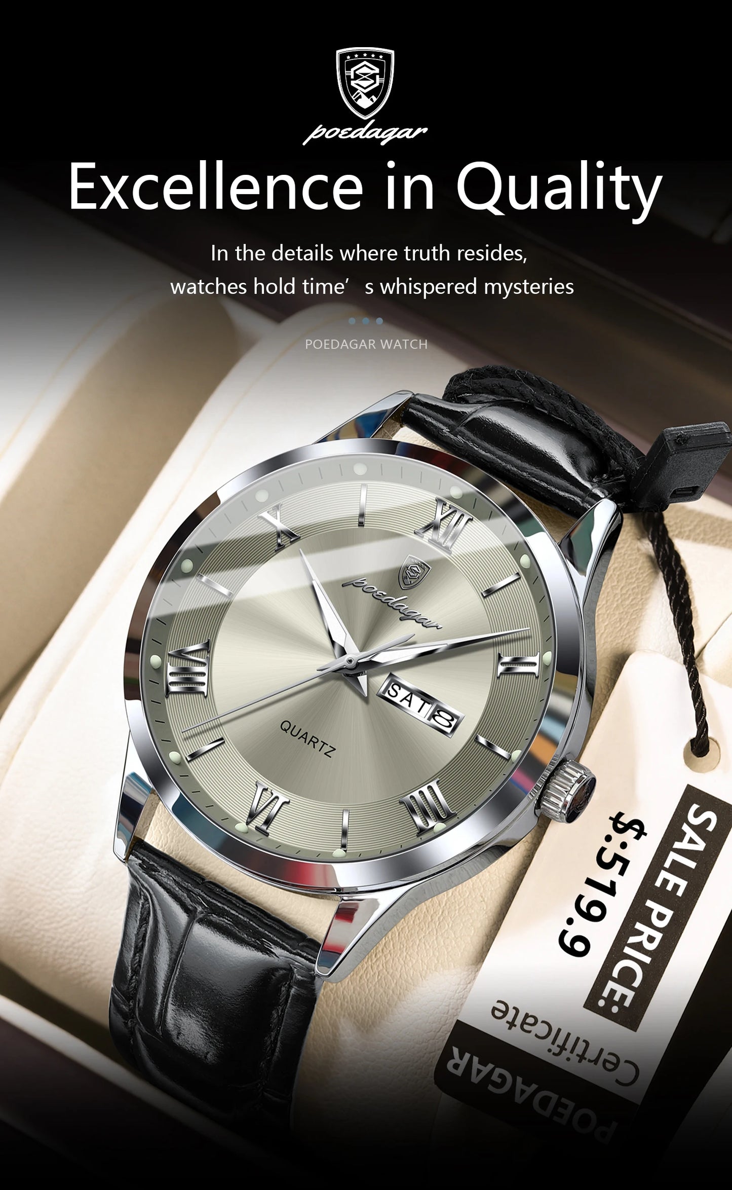 POEDAGAR Top Luxury Watch For Men Military Waterproof Luminous Date Week Man Wristwatch Leather Men's Quartz Watches Sport Reloj