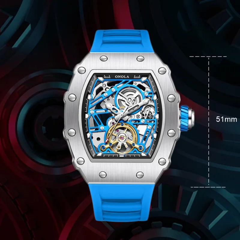 ONOLA 3854 Luxury Automatic Mechanical Silicone Watch Tourbillon Hollow Skeleton Men's Watches reloj automático de hombre