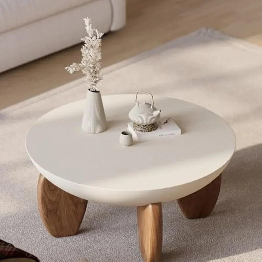 For Round Concrete Coffee Table with Premium Walnut Ash Wood Legs, Modern Minimalist Cement Finish Center Table for Living Room