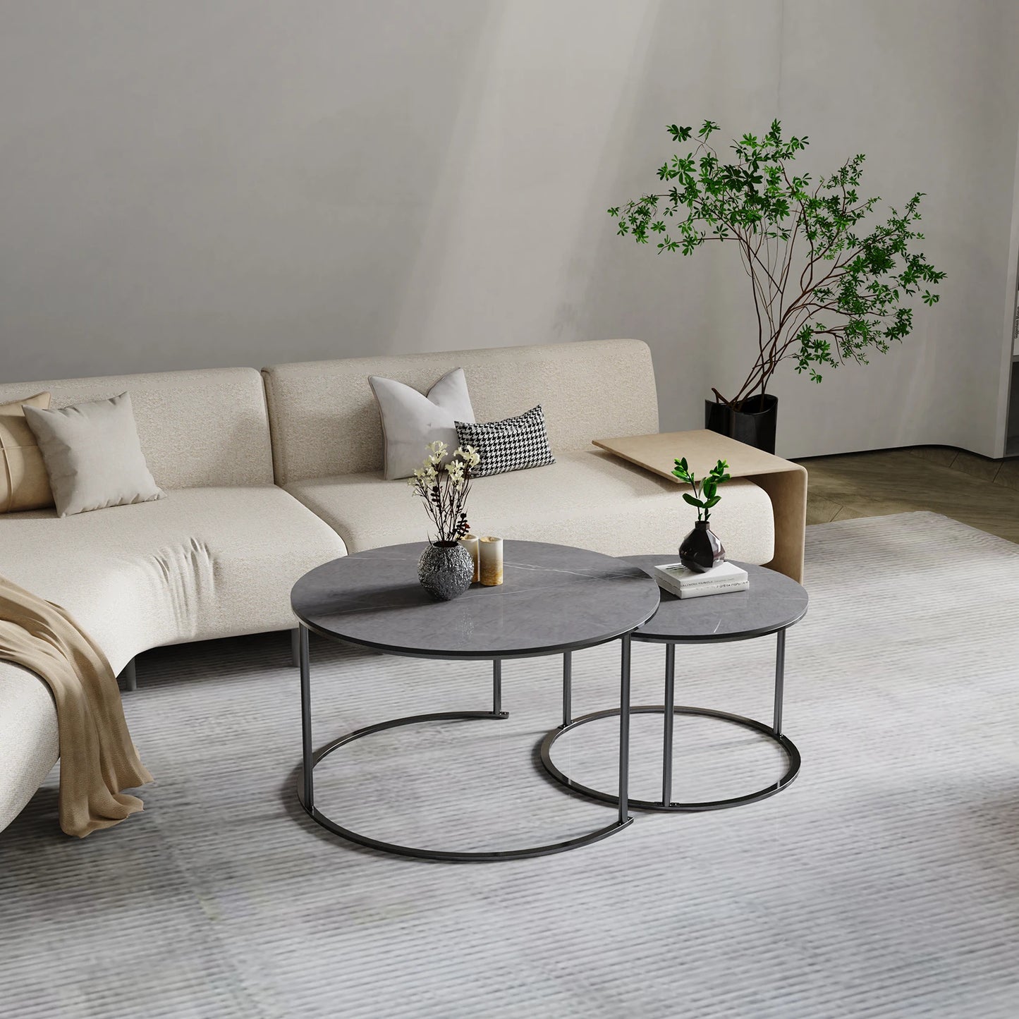 Modern Nesting Round Grey Marble Top Coffee Table Set Sintered Stone Table Metal Legs Home Furniture