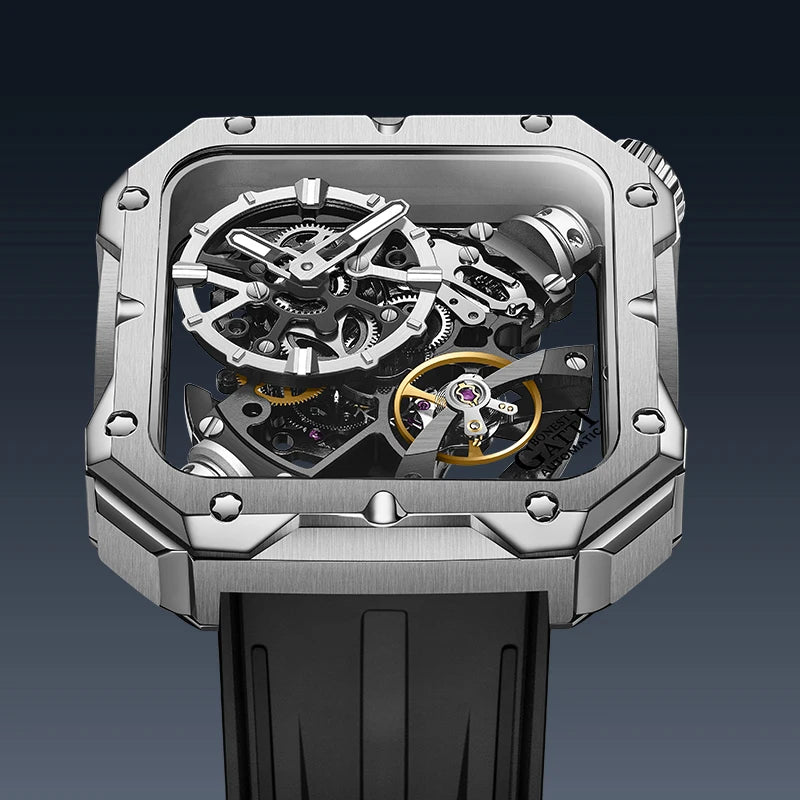 BONEST GATTI Men Automatic Watch 42mm Square Men Mechanical Wristwatch Sapphire Luminous Skeleton Dial Fluororubber Strap 2025