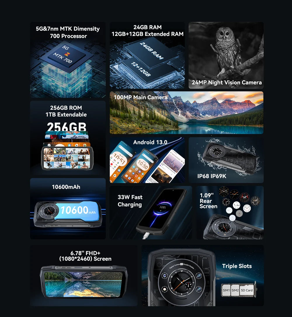 Cubot KingKong Star Waterproof Rugged 5G, 24GB(12GB+12GB) RAM, 256GB ROM, 6.78" 2K Screen,100MP Camera, 10600mAh, 33W Charge,NFC