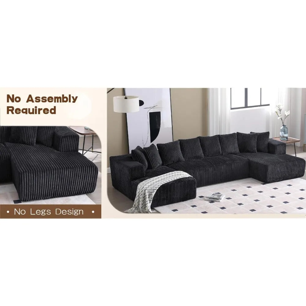 131'' Modular Sectional Couch, Modern U-Shaped Floor Sofa with Double Chaise Lounge, Comfy Corduroy Fabric Couch, Upholstered Co