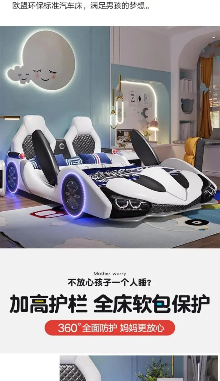 full king size Up down doors car children beds LED lights Bluetooth speakers double kids bedroom bed bed base boy furniture