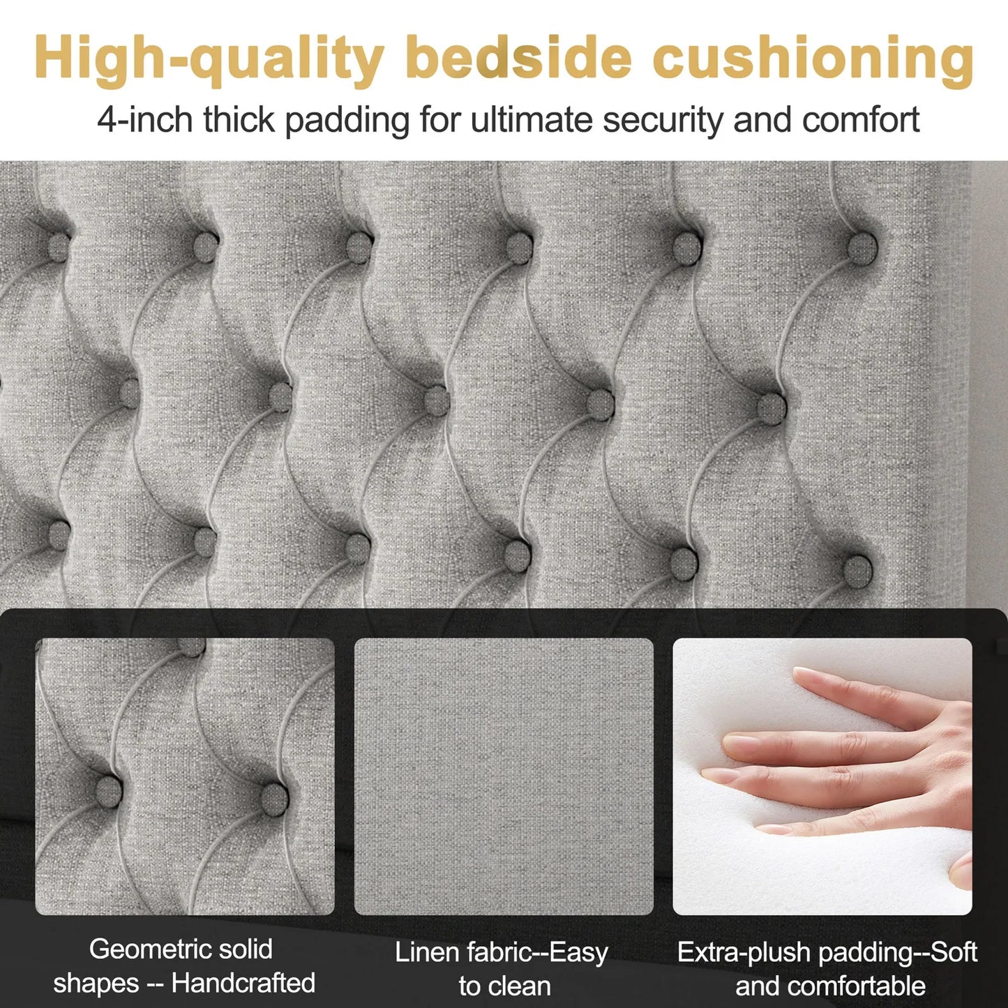 Upholstered Bed Sturdy Frame Easy Assembly Modern High Back Headboard Bed High Stability for Bedroom