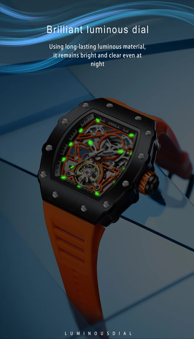 ONOLA 3854 Tonneau Original Automatic Watch for Men Silicone Super Wristwatch Sport Mechanical Clock montres hommes
