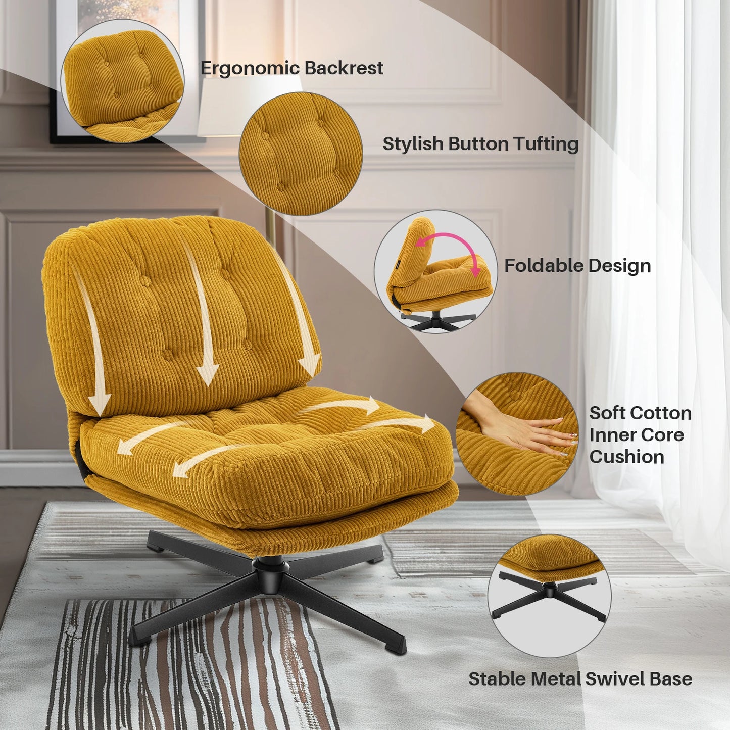 Redlife Modern Foldable Accent Chair 360° Swivel Tufted Lazy Chair Upholstered Lounge Chair w/ Thickened Cushion for Living Room