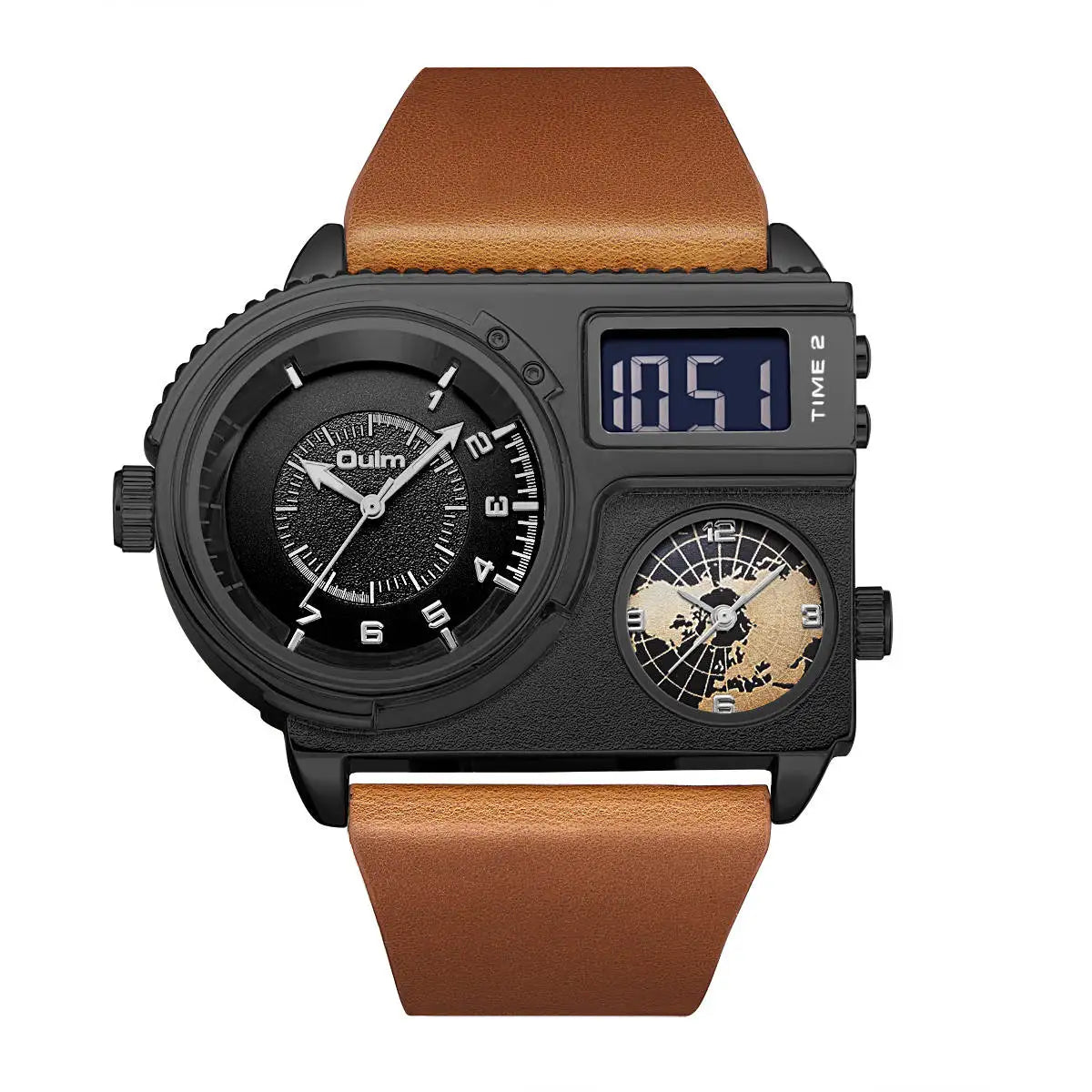 Oulm 5026 Watch Dual Display Two Time Zone Quartz Male Big Wristwatch Men's Genuine Leather Watches