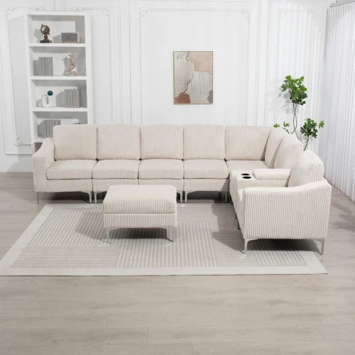 MLG Modular Corduroy Sectional Sofa with Versatile Ottoman,USB Charging, Cupholders for Apartments,Gold Metal Framed Wall Art