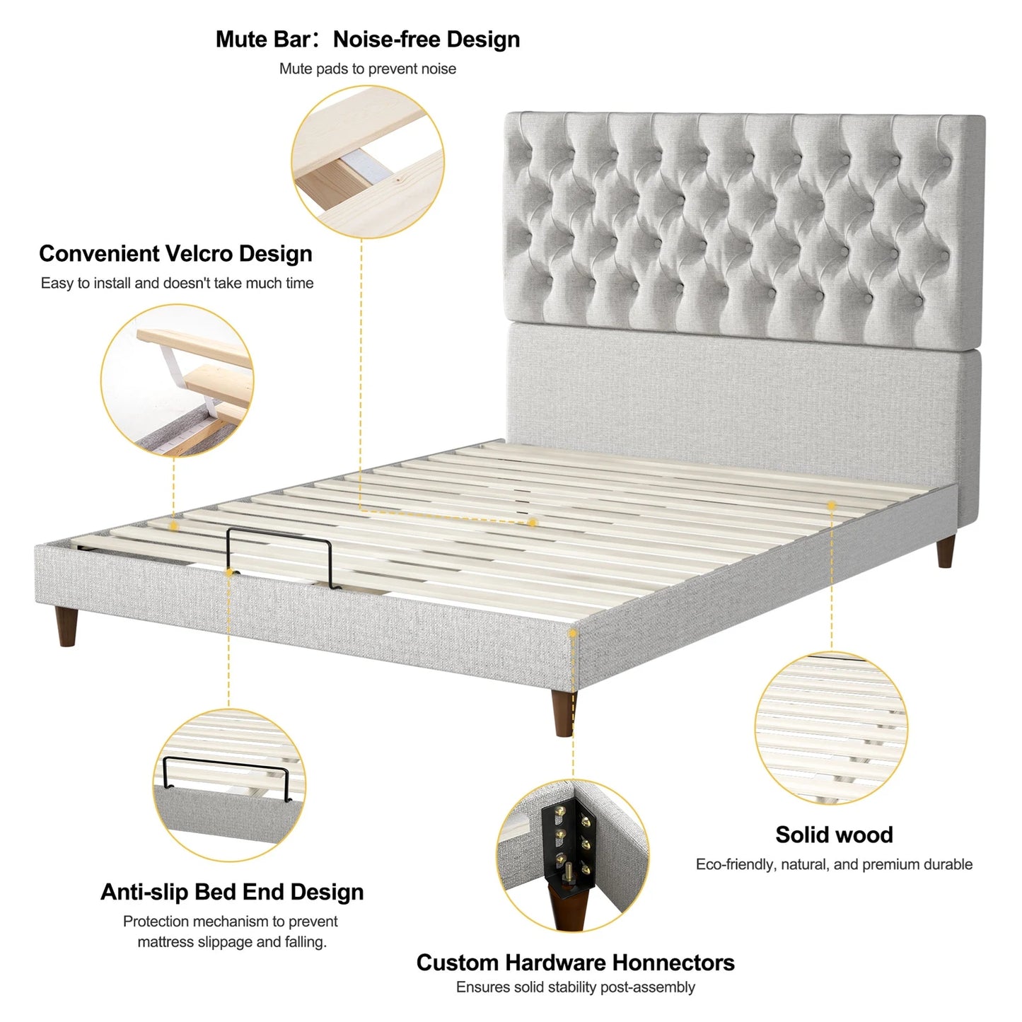 Upholstered Bed Sturdy Frame Easy Assembly Modern High Back Headboard Bed High Stability for Bedroom