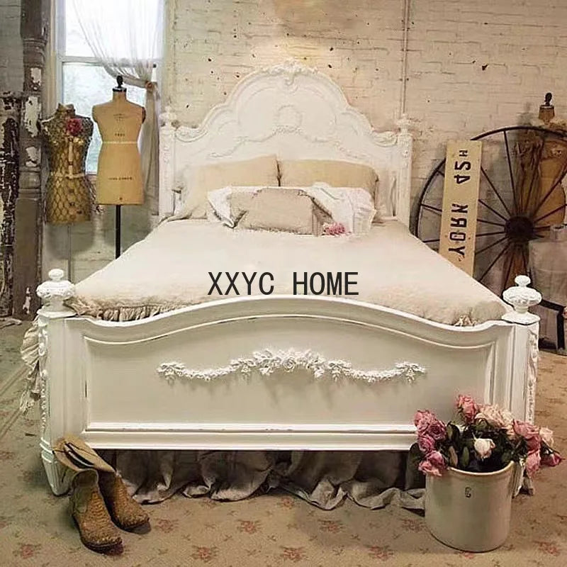 American Retro Solid Wood Carved White Double Bed American Country Princess Bed