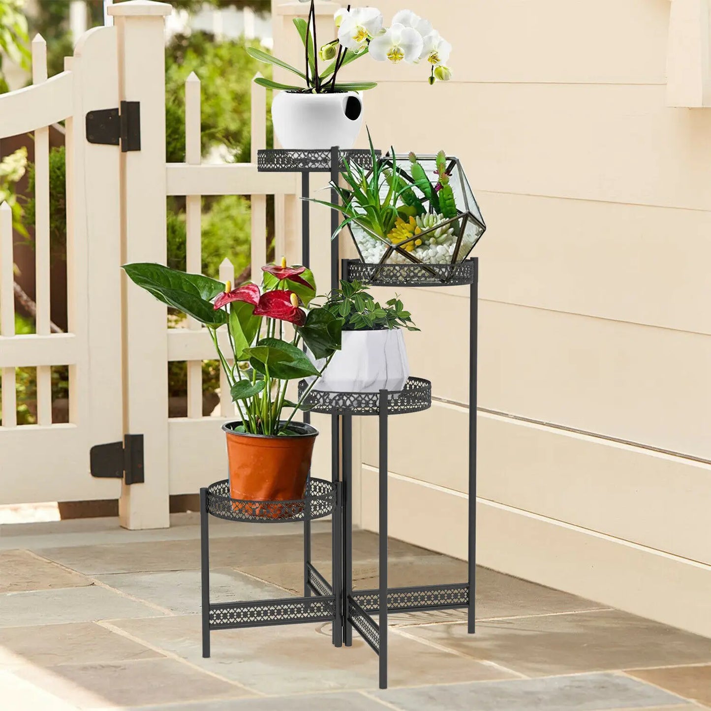 3/4 Tier Iron Metal Plant Stand Indoor Outdoor Foldable Flower Stand Rack for Home Garden Patio