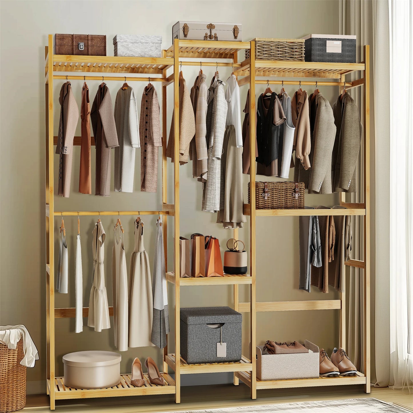 196cm Tall Bamboo Garment Rack Freestanding Clothing Stand Hanging Rod with Shelves Open Wardrobe Organizer for Bedroom Closet