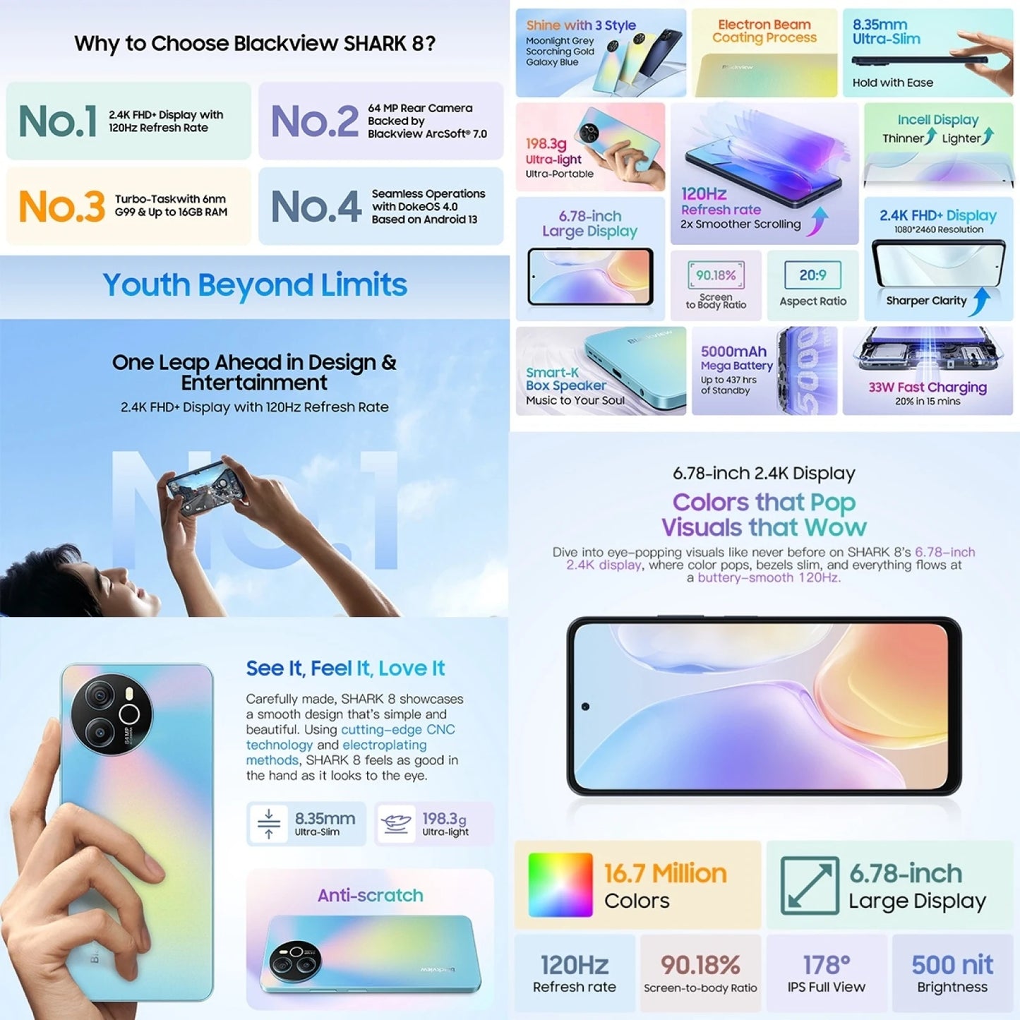Blackview SHARK 8 Smartphone 8GB+256GB Helio G99 Android13 Mobile 6.78'' 2.4K Display 120Hz 64MP 5000mAh 33W NFC Cellphone