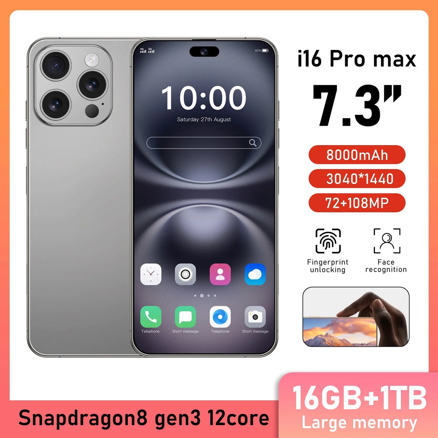 New i16 Pro Max original intelligent 5G dual card dual standby Android 14 system global version phones 8000mAh battery
