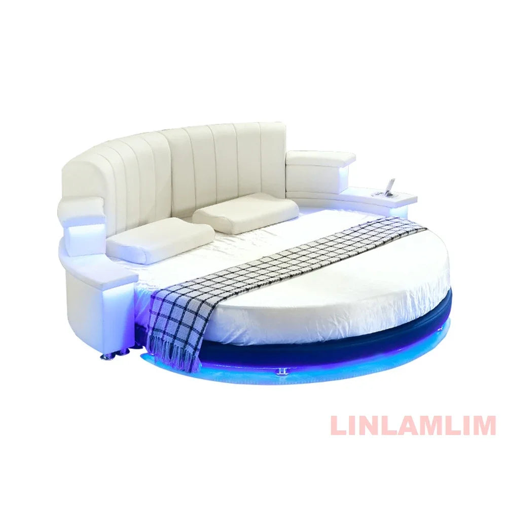 MINGDIBAO Nordic Genuine Leather multifunctional round Bed Frame with LED Light Bluetooth Speaker iPhone Charge USB Ultimate Bed