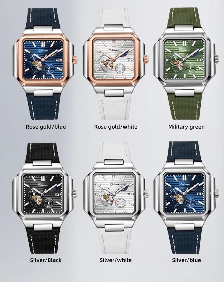 Dulunwe Fashion Men's Watch Automatic Mechanical Multi-function Small Dial Square Design 30M Waterproof Top Brand Wristwatches