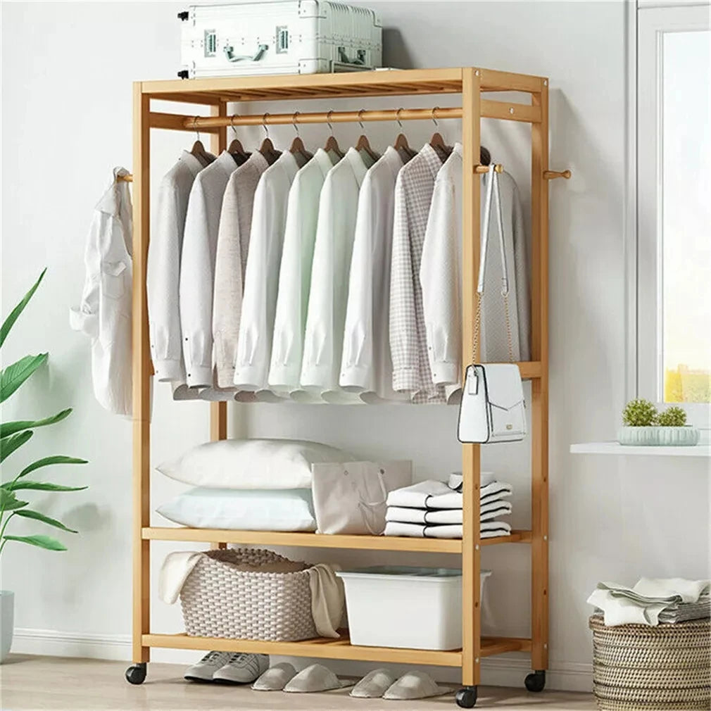 Bamboo Garment Rack with Wheels, Clothing Rack for Hanging Clothes with Hooks, Multi-functional Bedroom Clothes Rack