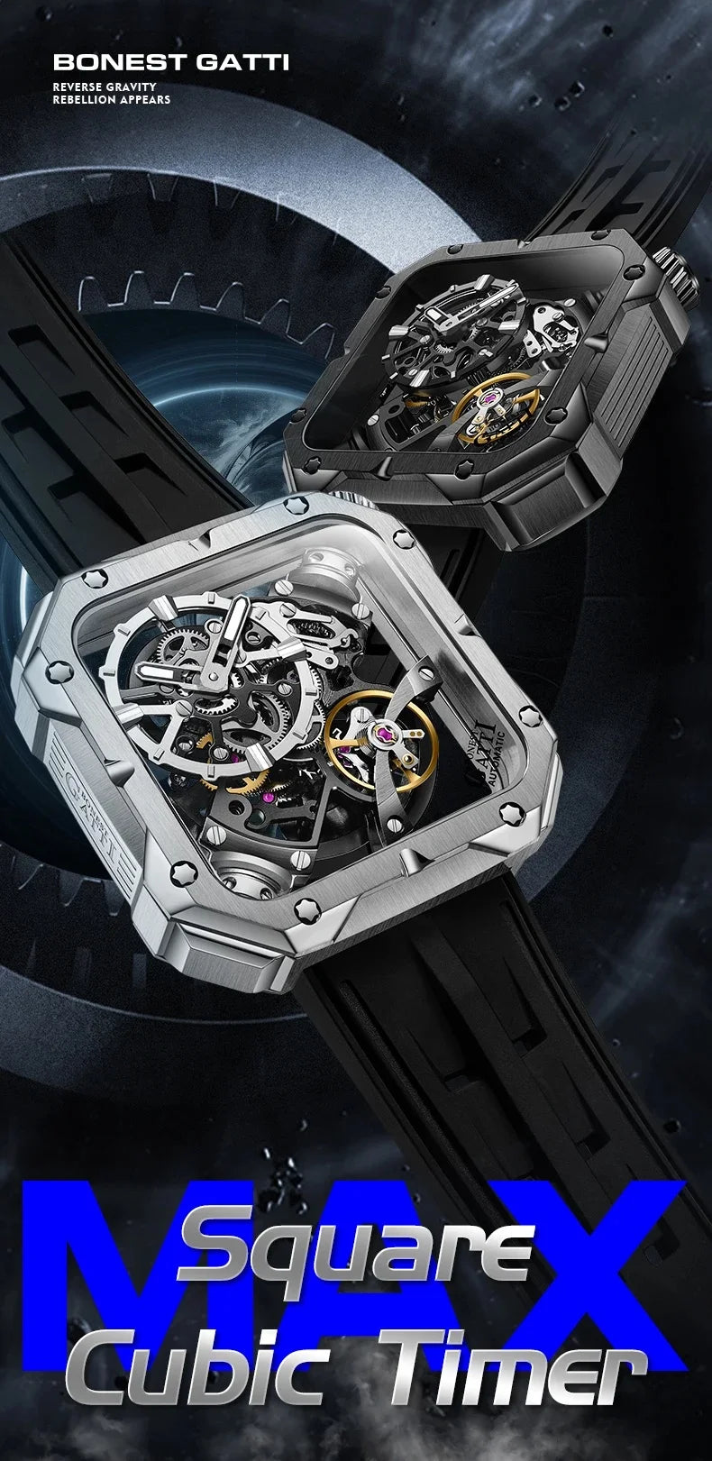 BONEST GATTI Men Automatic Watch 42mm Square Men Mechanical Wristwatch Sapphire Luminous Skeleton Dial Fluororubber Strap 2025