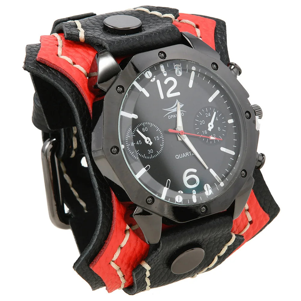 Punk Vintage Men's Multi Layer Hand Stitched Cowhide Leather Strap Large Dial Watch