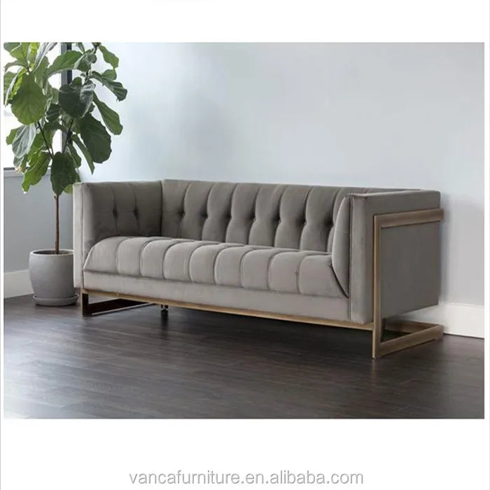 European Style modern Grey Velvet Hotel Living room U shape Sofa 2 seater with gold frame