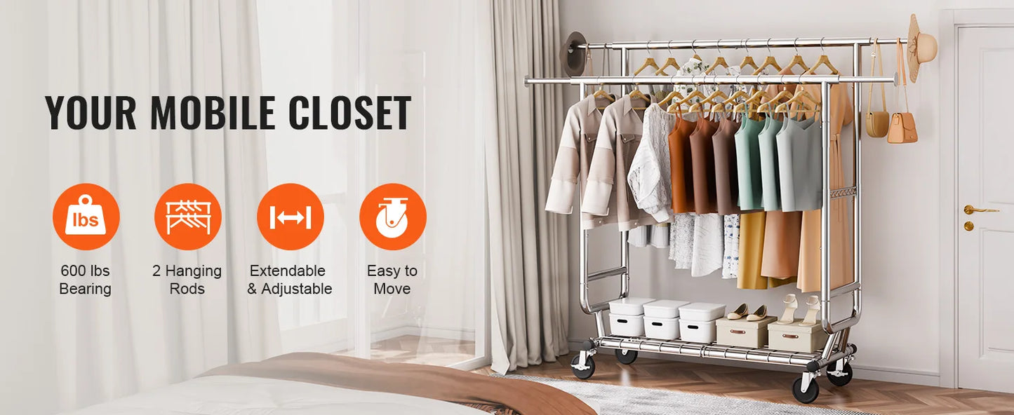 SucceBuy Clothing Garment Rack Heavy Duty Clothes Rack Adjustable Length Clothes Rack w/ Bottom Shelf & Wheels for Laundry Room
