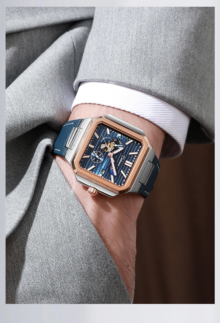 Dulunwe Fashion Men's Watch Automatic Mechanical Multi-function Small Dial Square Design 30M Waterproof Top Brand Wristwatches