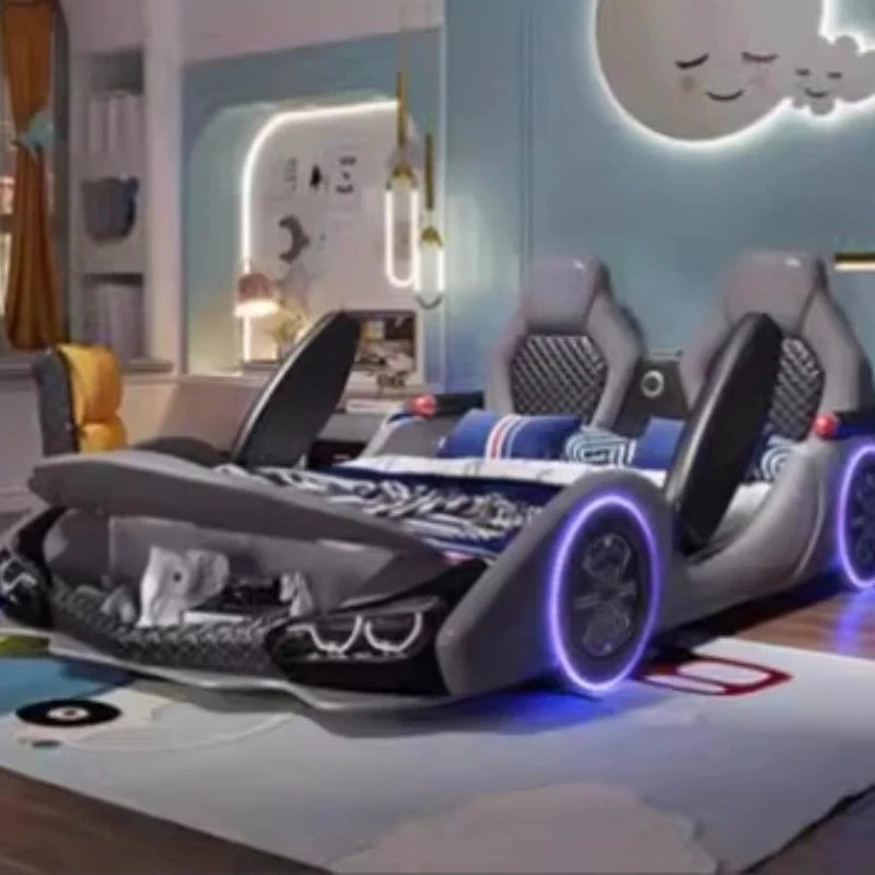 full king size Up down doors car children beds LED lights Bluetooth speakers double kids bedroom bed bed base boy furniture
