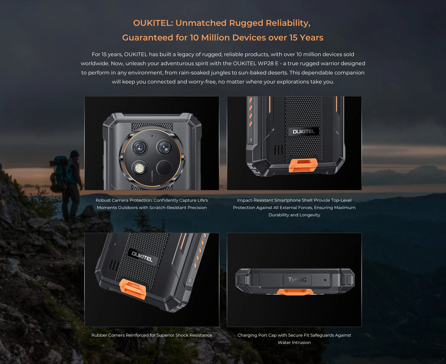 Oukitel WP28 E 4G Rugged Smartphone Android14 10600mAh Battery 4GB+64GB Mobile Phone 6.52 Inch HD+ 13MP Camera 18W Cellphone
