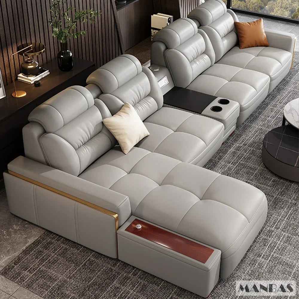 Linlamlim Modern Genuine Leather Sectional Sofa Set with Chaise Lounge– Upholstered Modular Couch with USB and Bluetooth Speaker